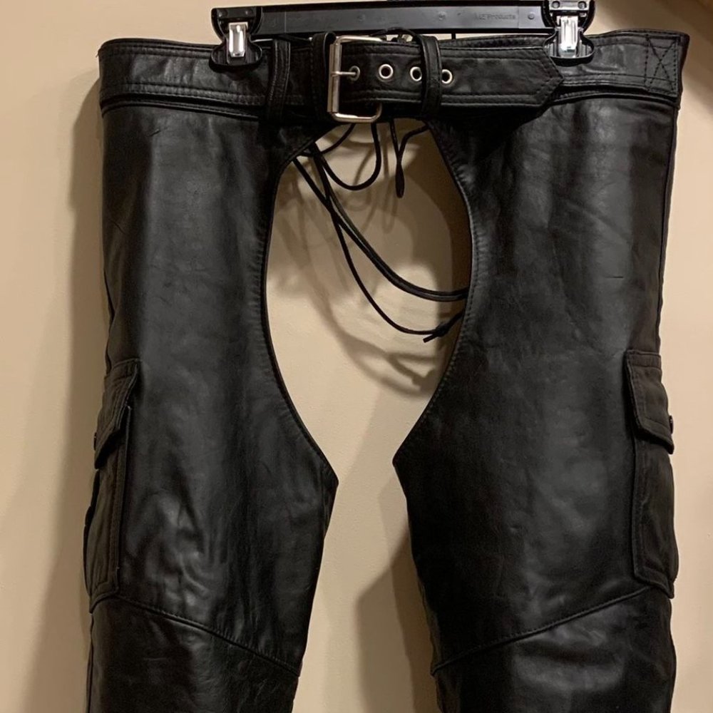 Biker's Black Leather Chaps, Size XL